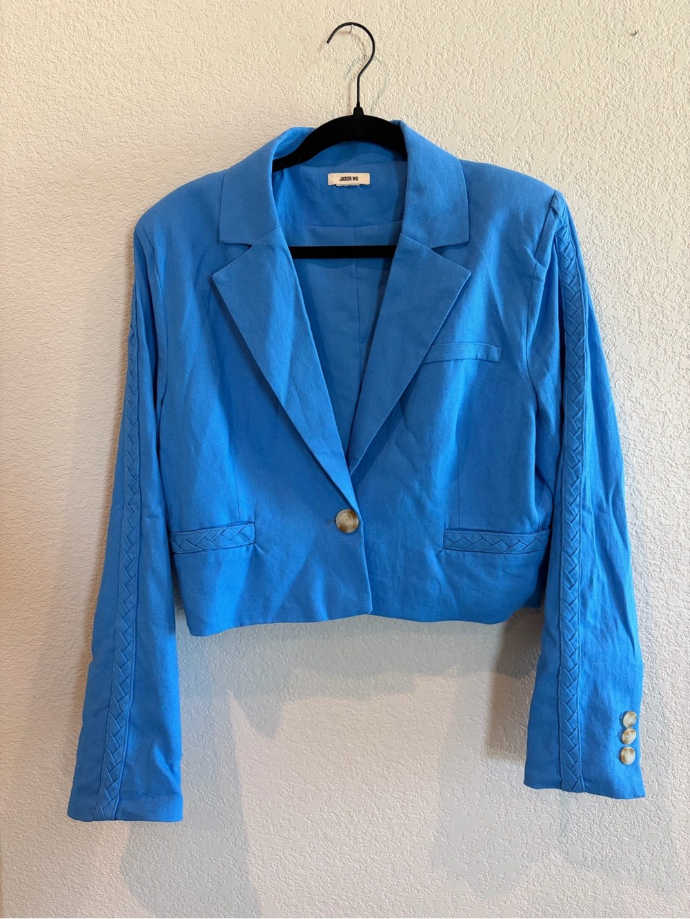 Jason Wu Women’s L Cobalt Blue Cropped Linen Blazer Braided Trim